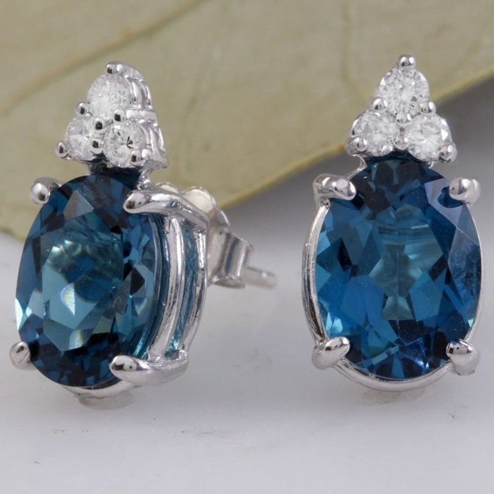4.60ct Blue Topaz and Diamond 14KW Gold Earrings